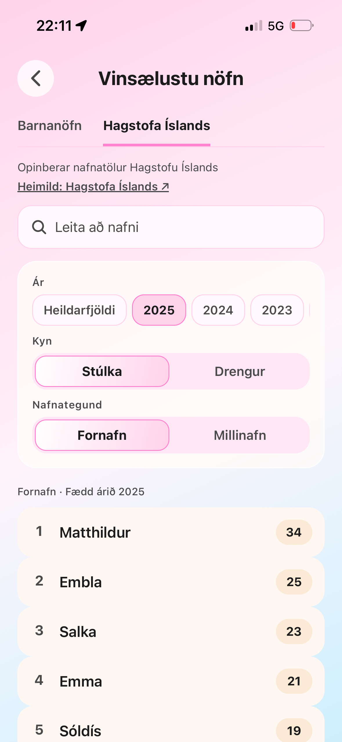 Barnanöfn appið: Skoða vinsældir nafna